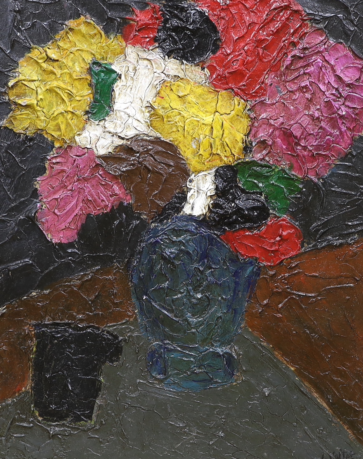 Fauvist style, impasto oil on board, Abstract composition, Still life of flowers in a vase, 60 x 49cm